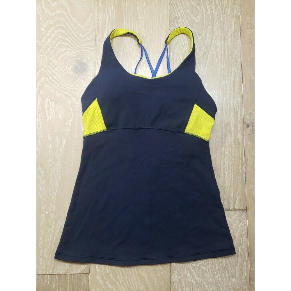 Athleta Tank Top XS Bra Blue Yellow Yoga Gym Padded Bra - Picture 1 of 7